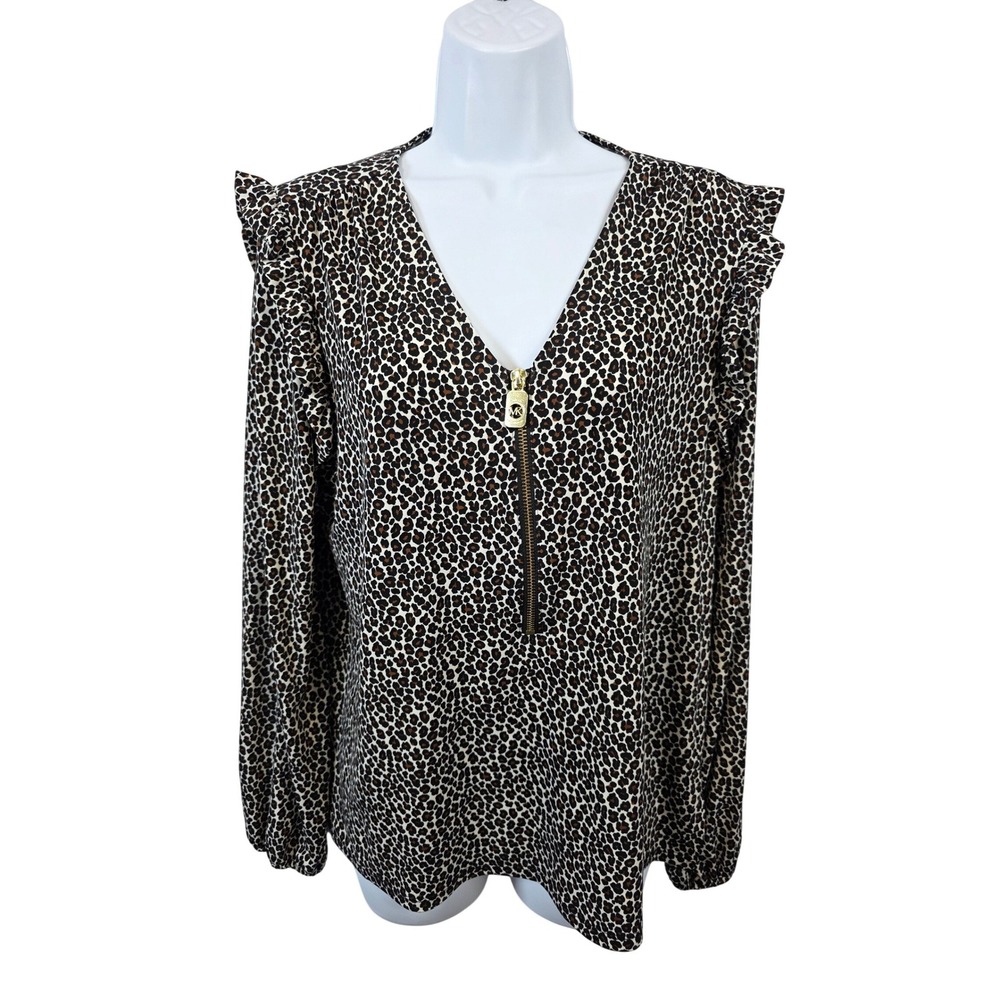 Michael Kors Leopard Print Zip Neck Ruffle Sleeve Blouse Women's Size L/ A128